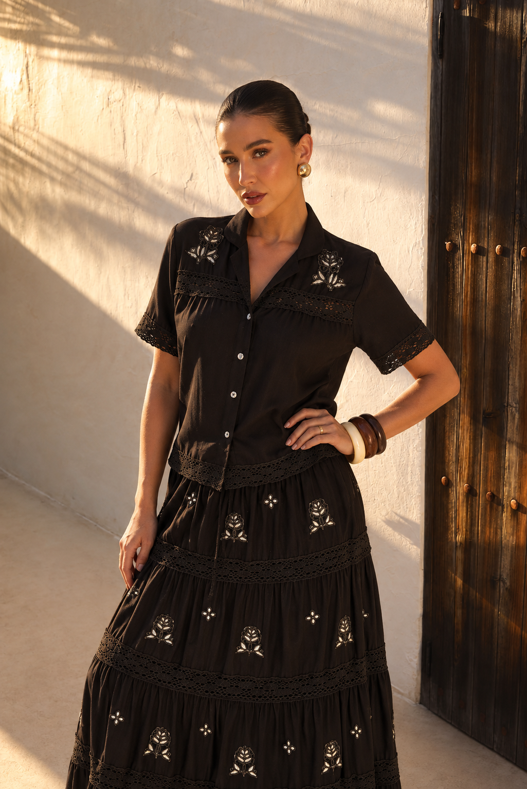 Conjunto Boho Bordado de Blusa y Falda Larga | negro