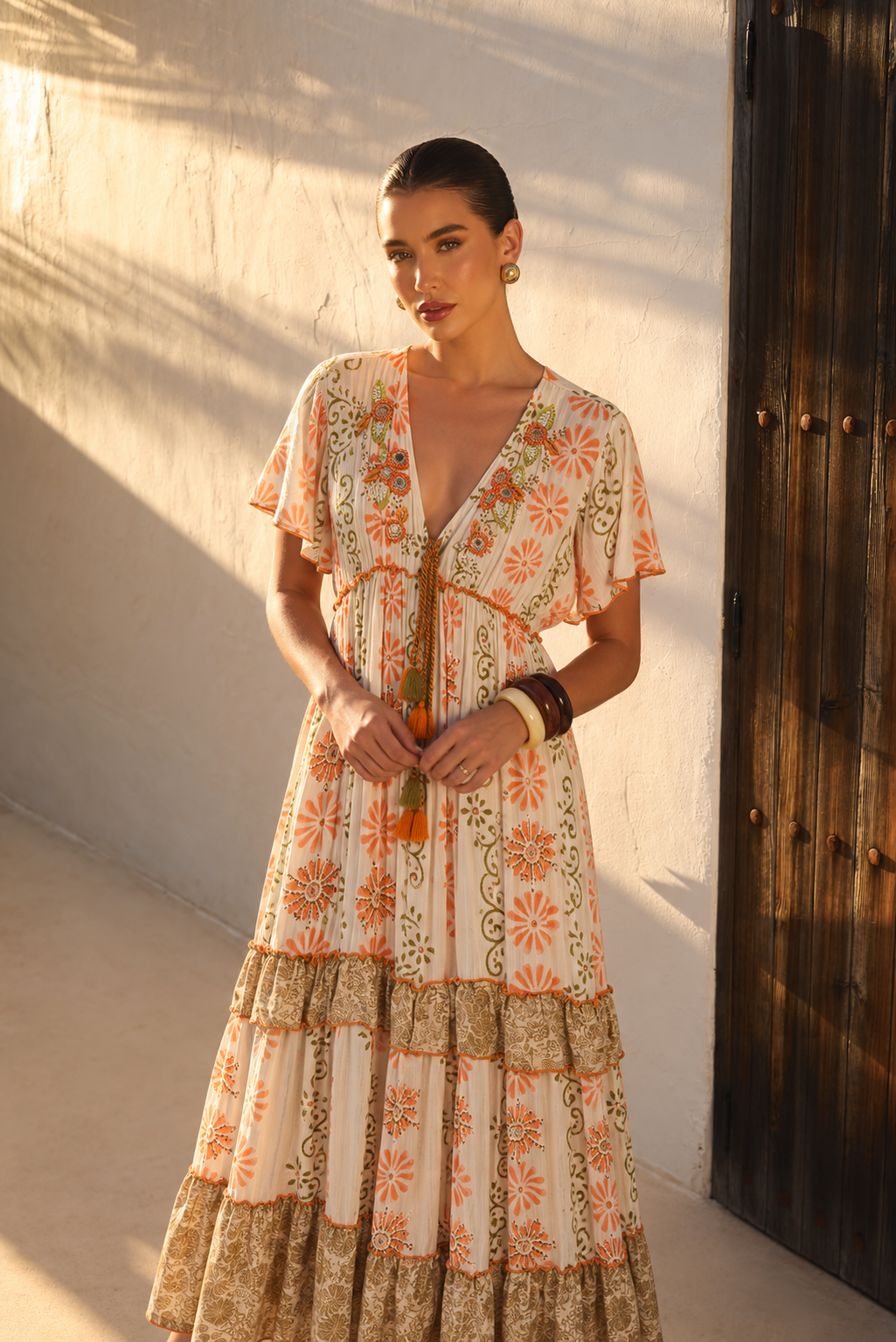 Vestido Maxi Boho Bordado con Espejos | naranja-intenso