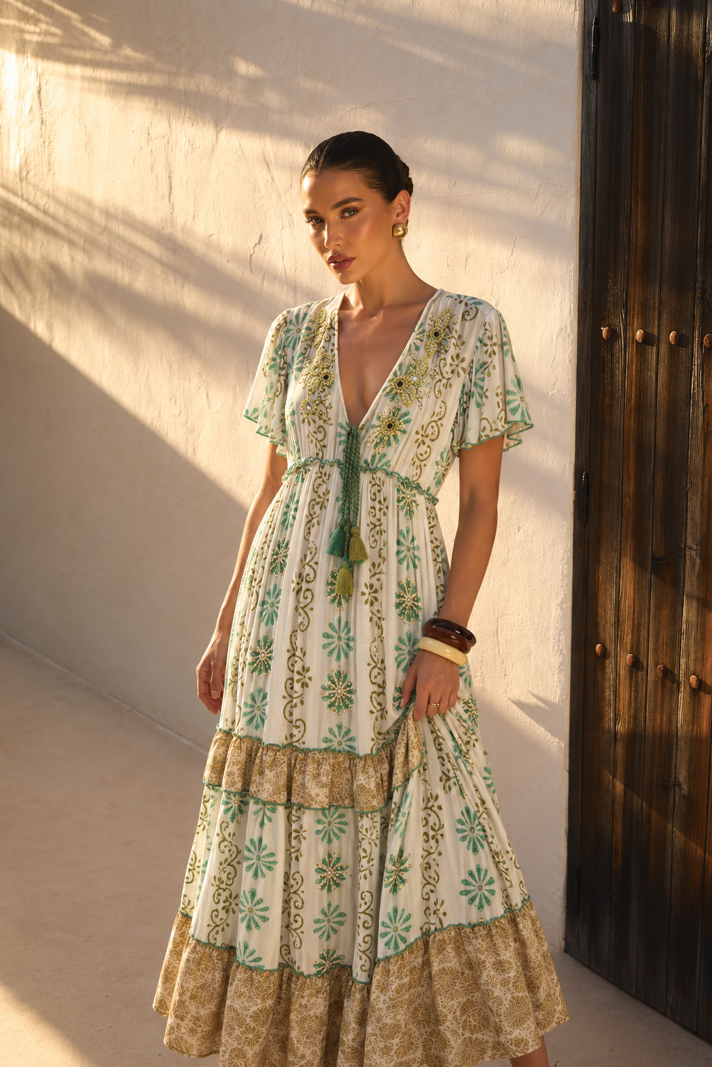 Vestido Maxi Boho Bordado con Espejos | turquesa-profundo-1