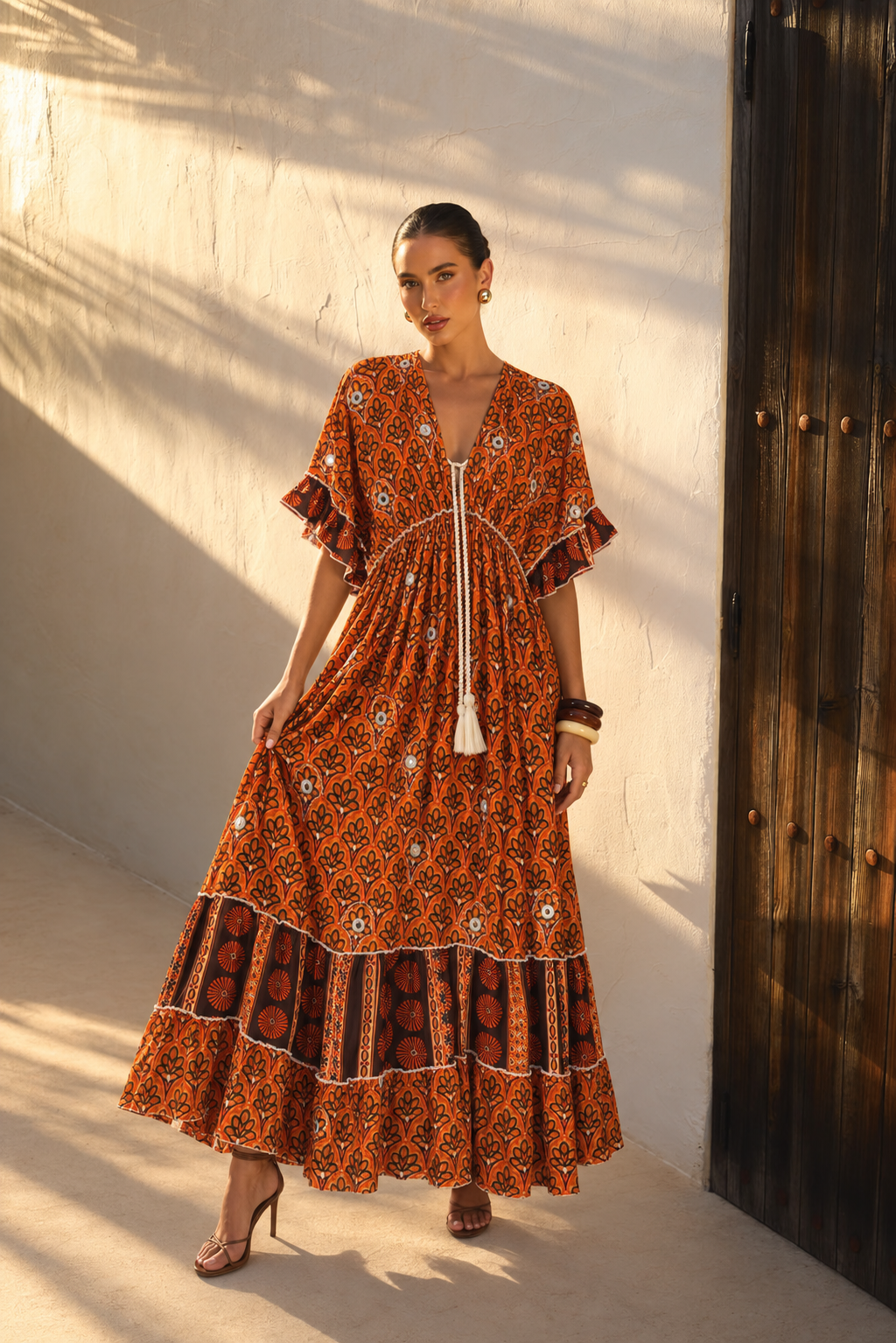 Vestido Maxi Boho con Bordados y Espejos