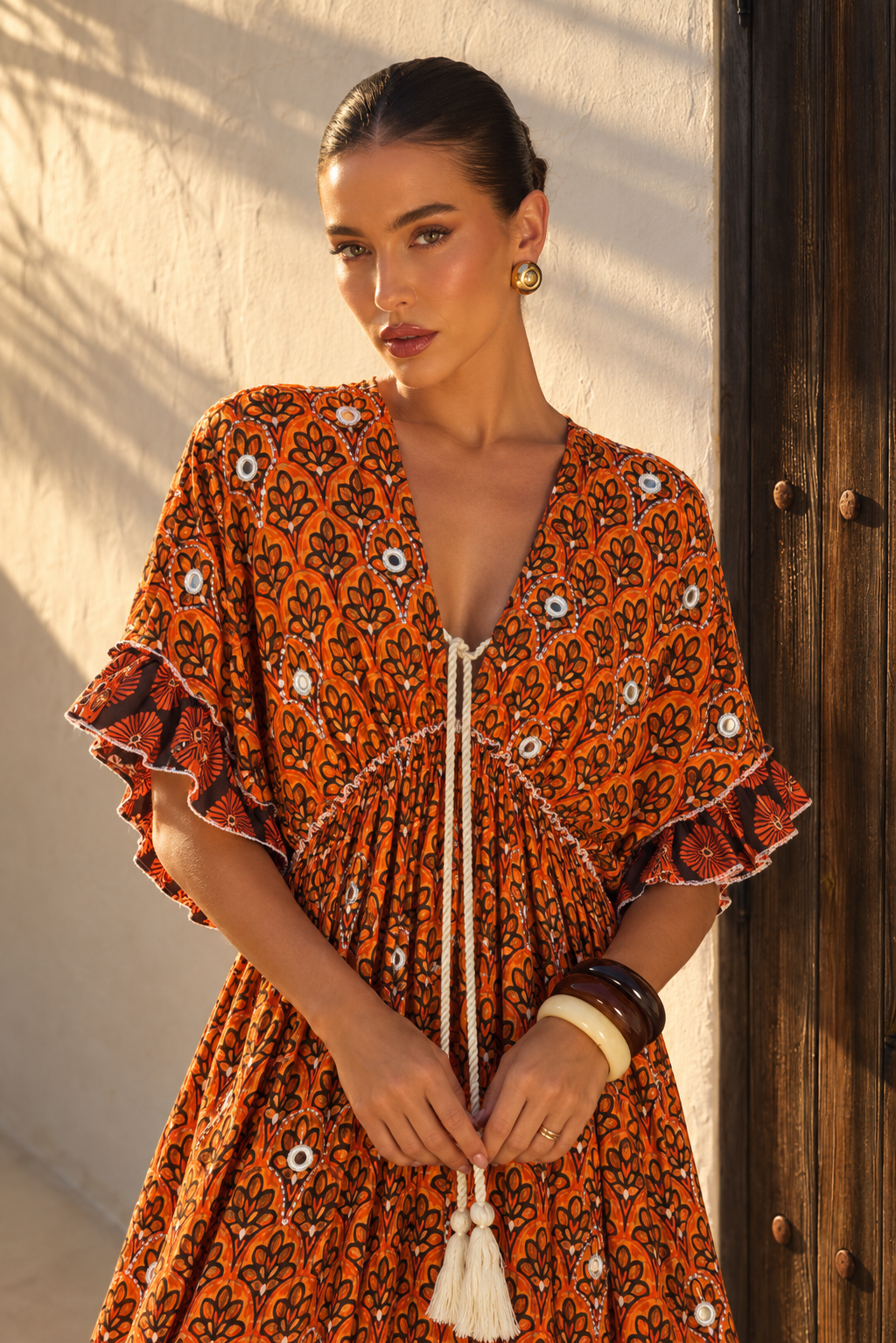 Vestido Maxi Boho con Bordados y Espejos