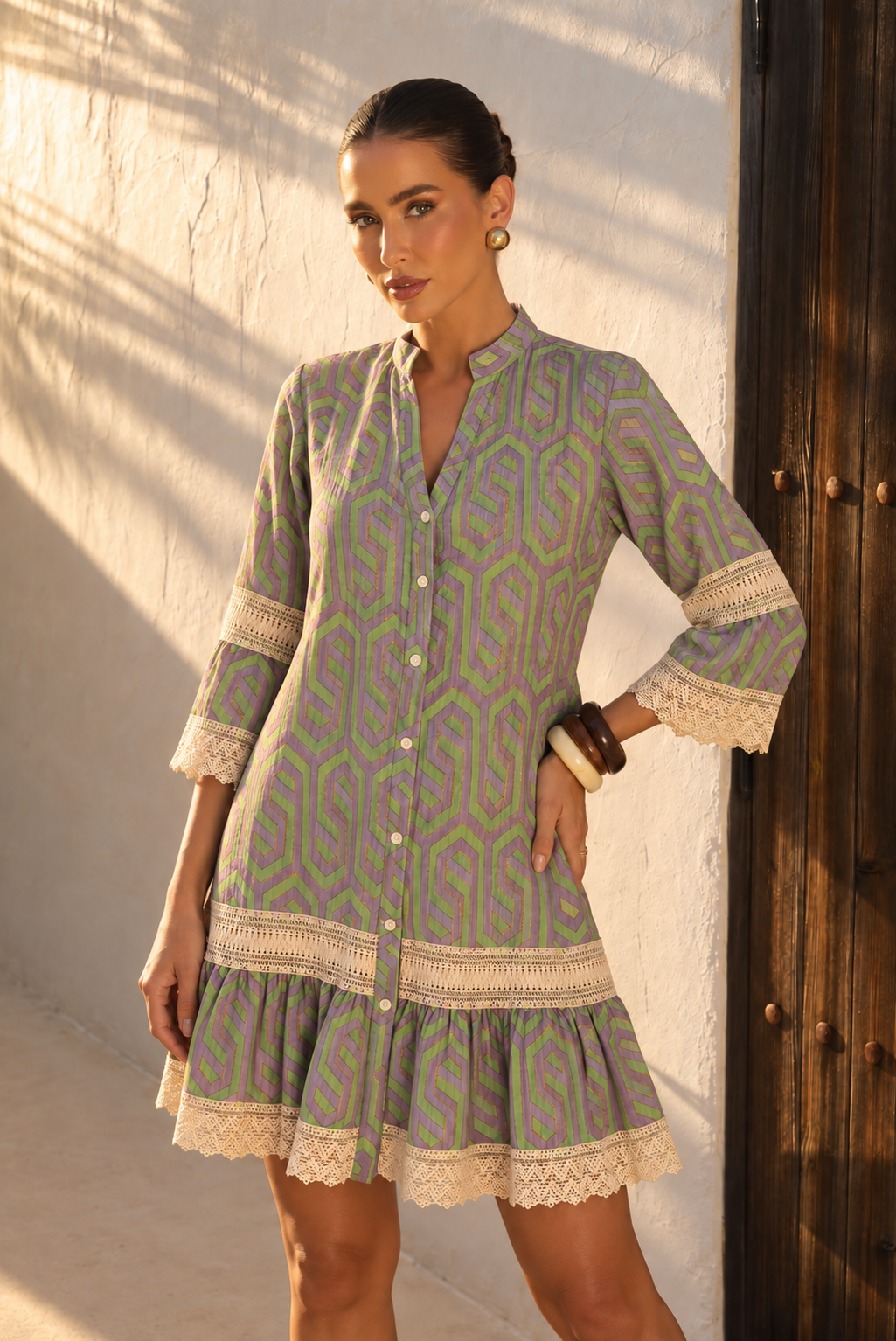 Vestido Camisero Boho Geométrico con Encaje