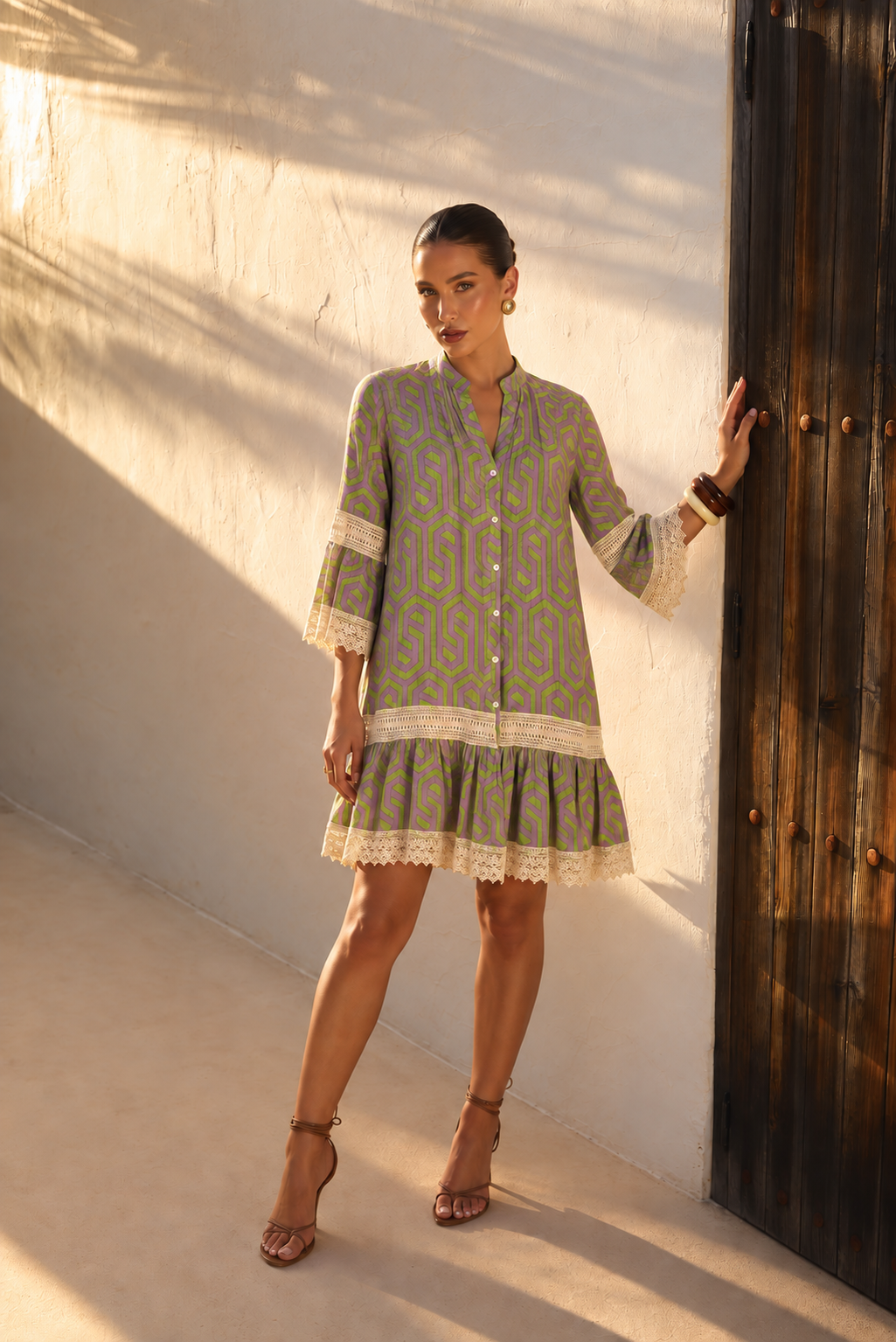 Vestido Camisero Boho Geométrico con Encaje