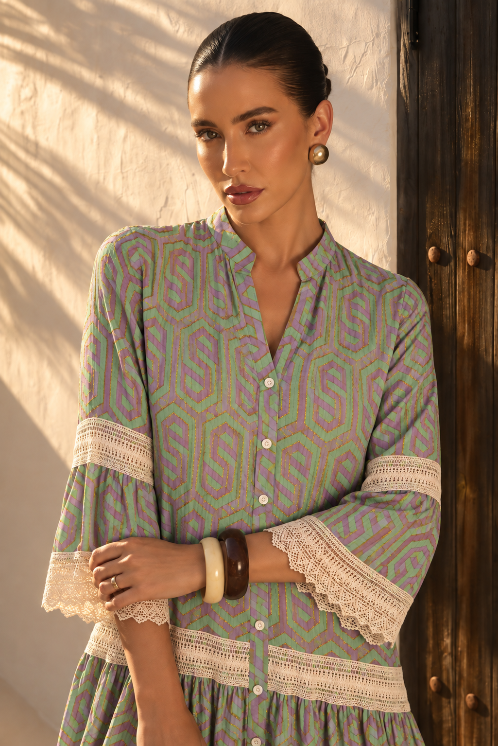 Vestido Camisero Boho Geométrico con Encaje