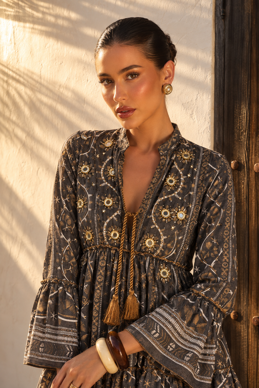 Vestido Mini Boho Manga Larga Dordado | negro