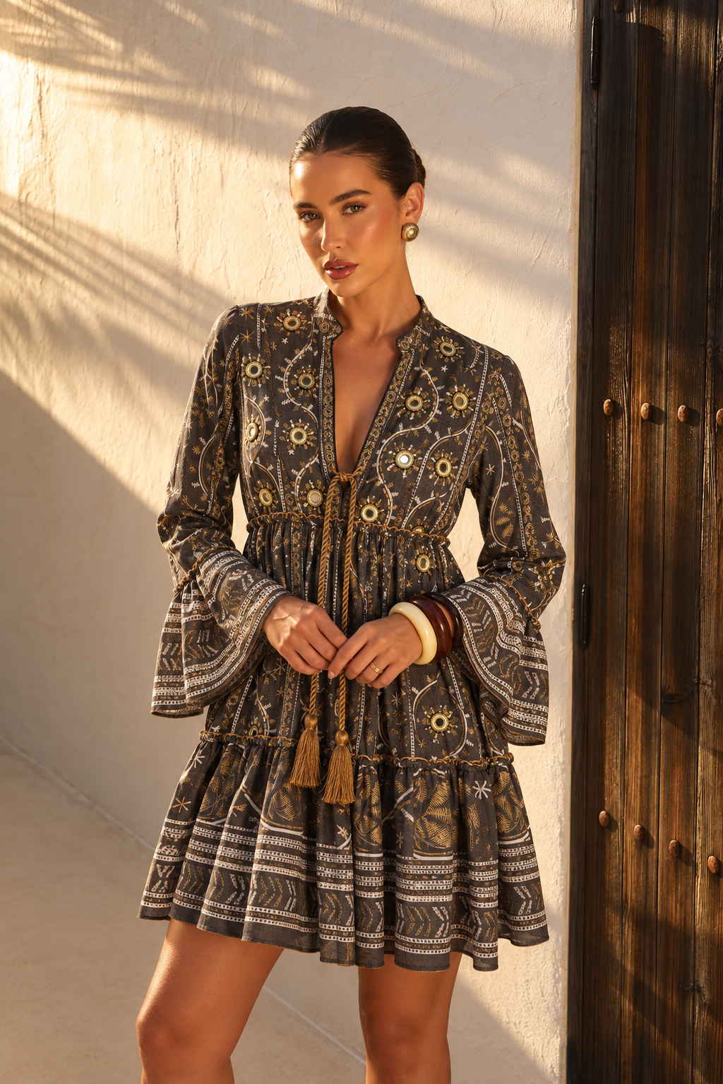 Vestido Mini Boho Manga Larga Dordado | negro