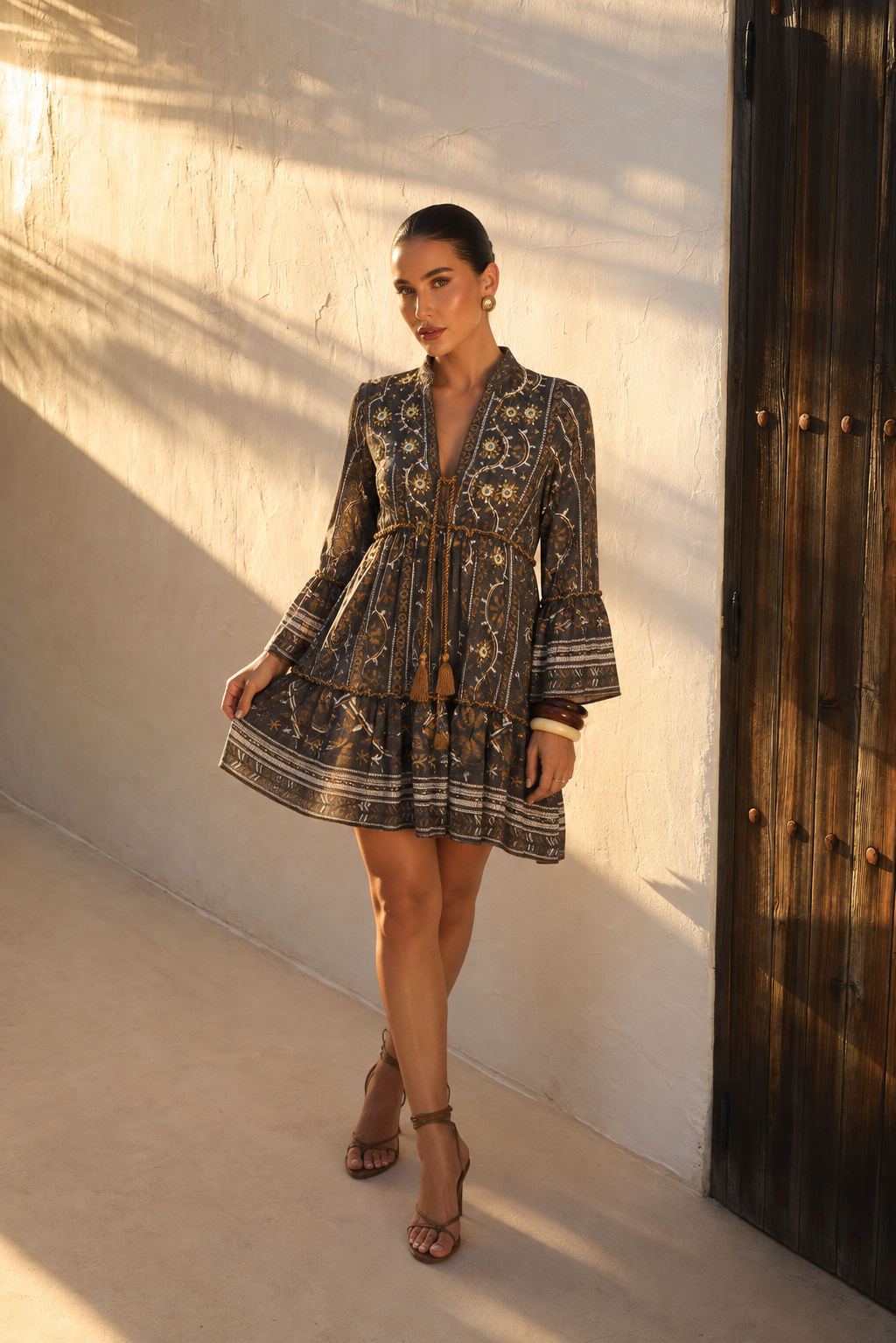 Vestido Mini Boho Manga Larga Dordado | negro