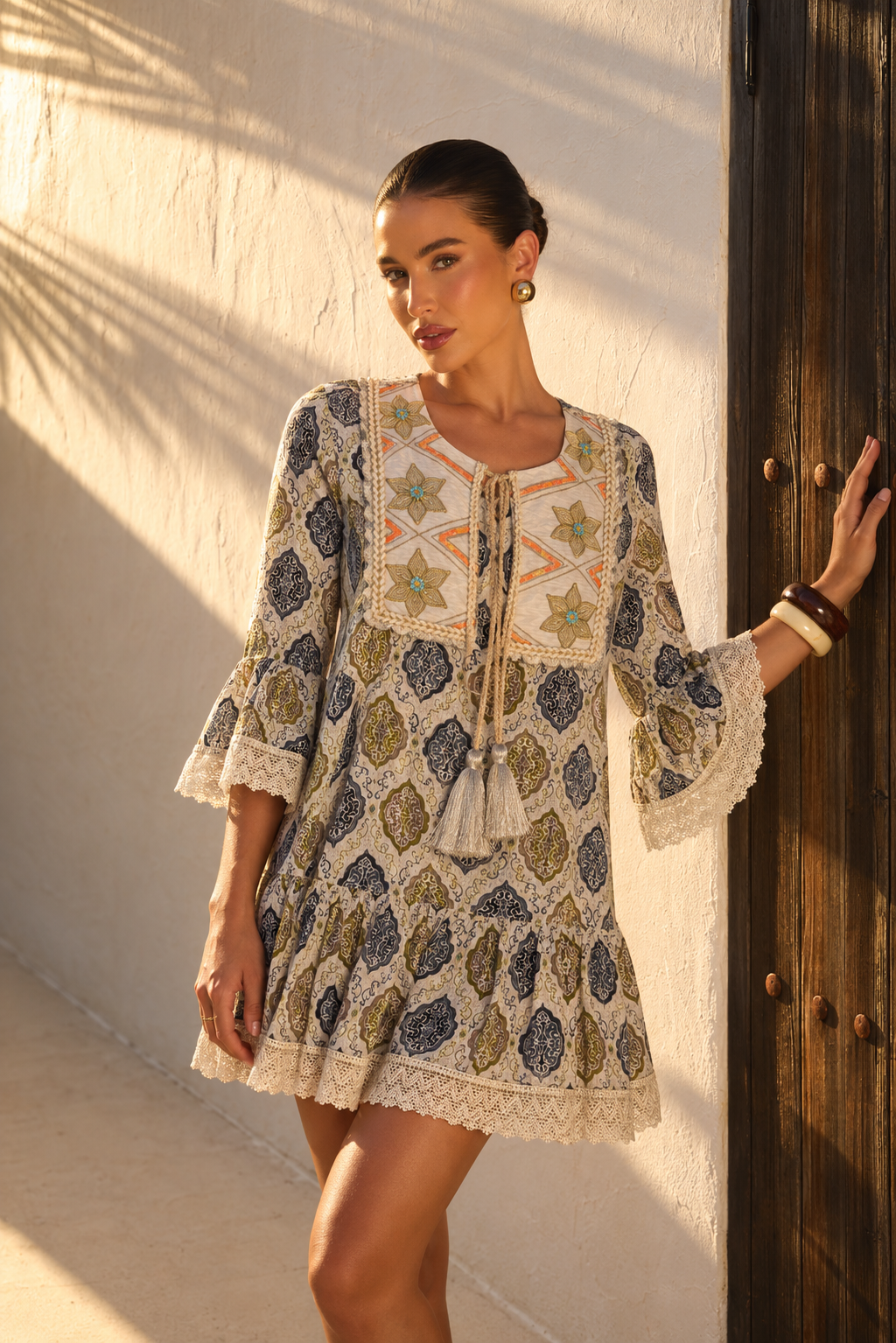 Vestido Maxi Boho Estampado con Pechera Bordada | azul marino