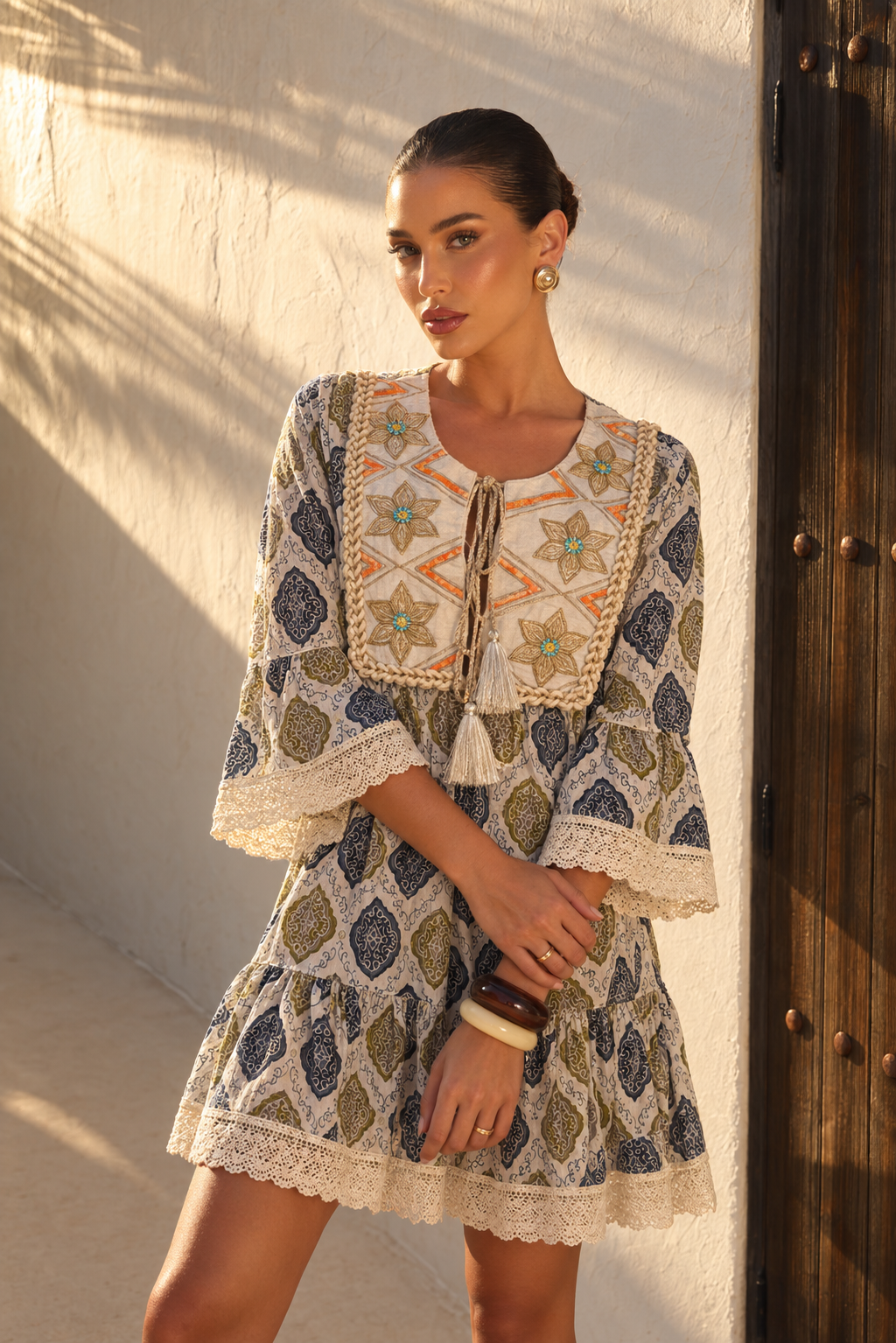 Vestido Maxi Boho Estampado con Pechera Bordada | azul marino