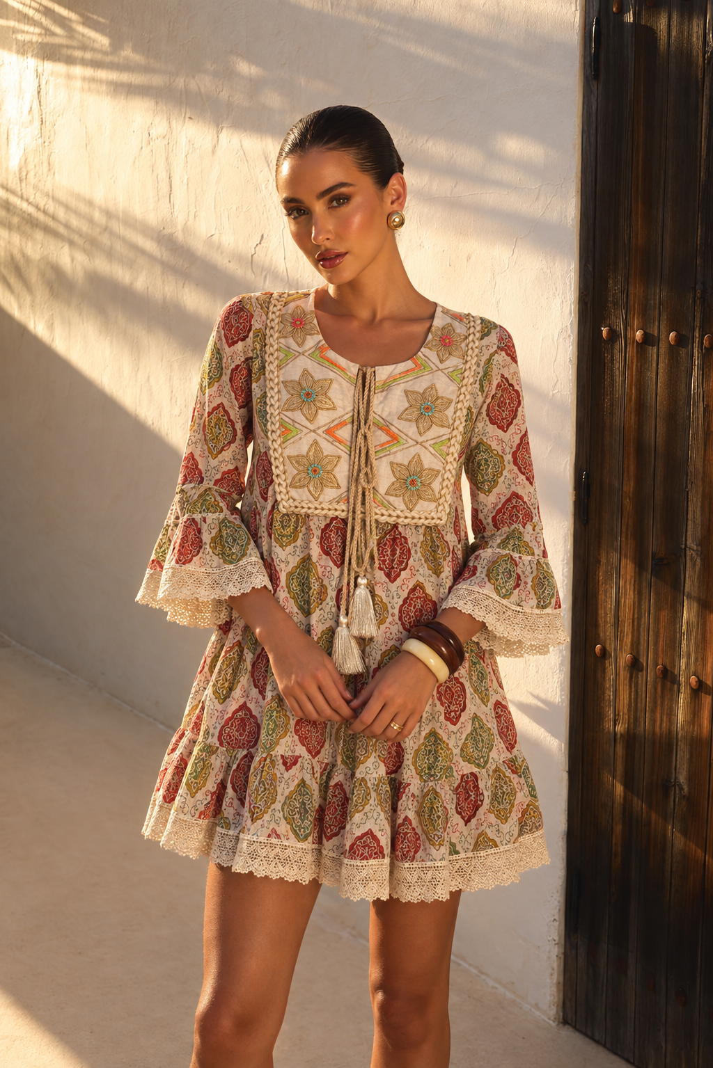 Vestido Maxi Boho Estampado con Pechera Bordada | verde