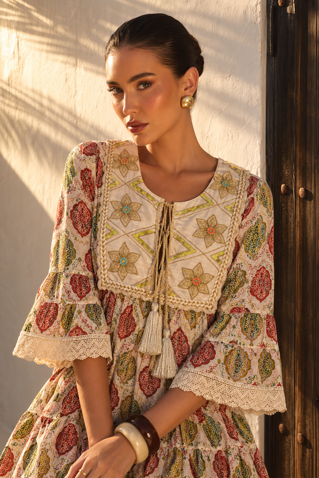 Vestido Maxi Boho Estampado con Pechera Bordada | verde