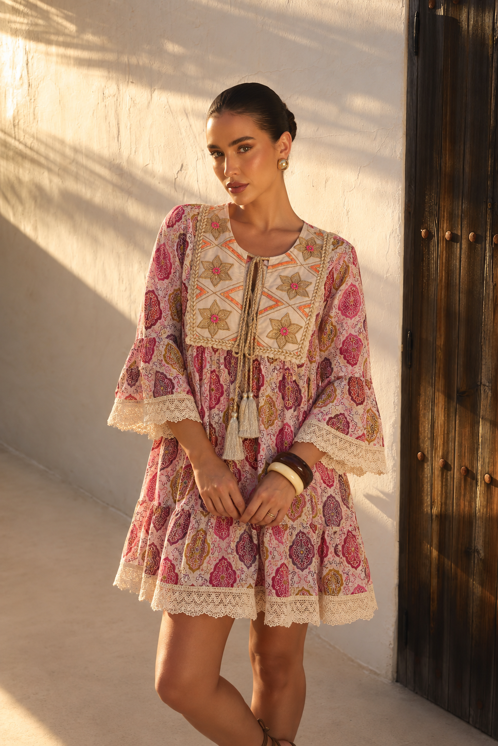 Vestido Maxi Boho Estampado con Pechera Bordada | fucsia