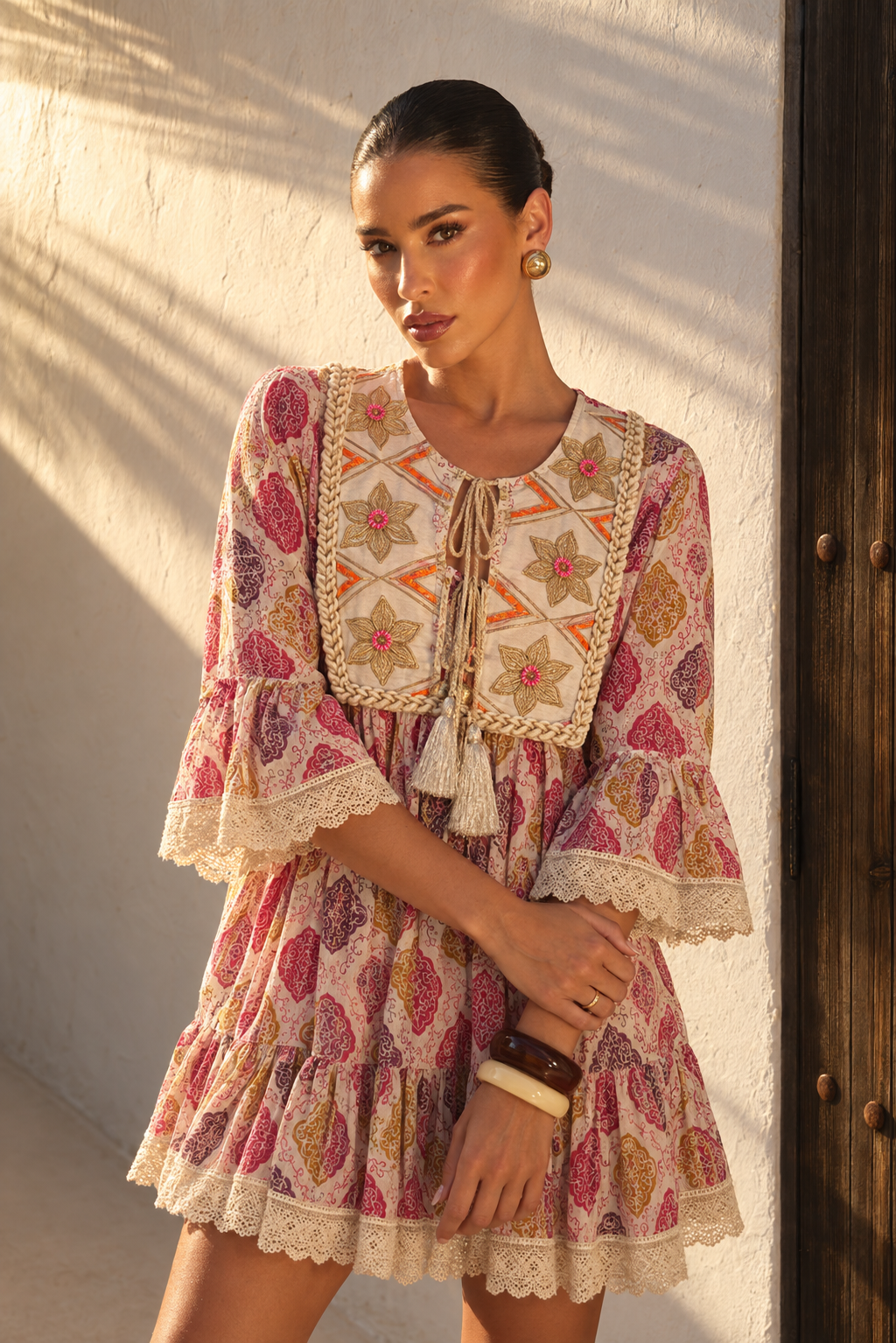 Vestido Maxi Boho Estampado con Pechera Bordada | fucsia