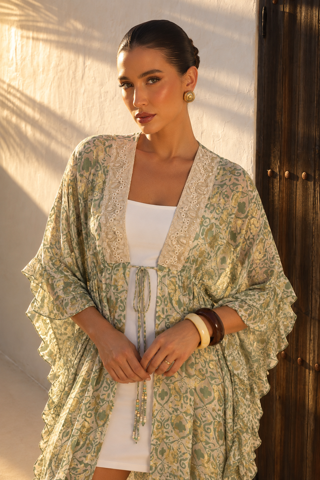 Túnica Boho Asimétrica con Bordado Dorado | Verde