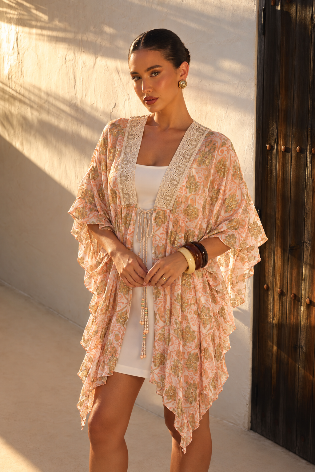 Túnica Boho Asimétrica con Bordado Dorado | Rosado