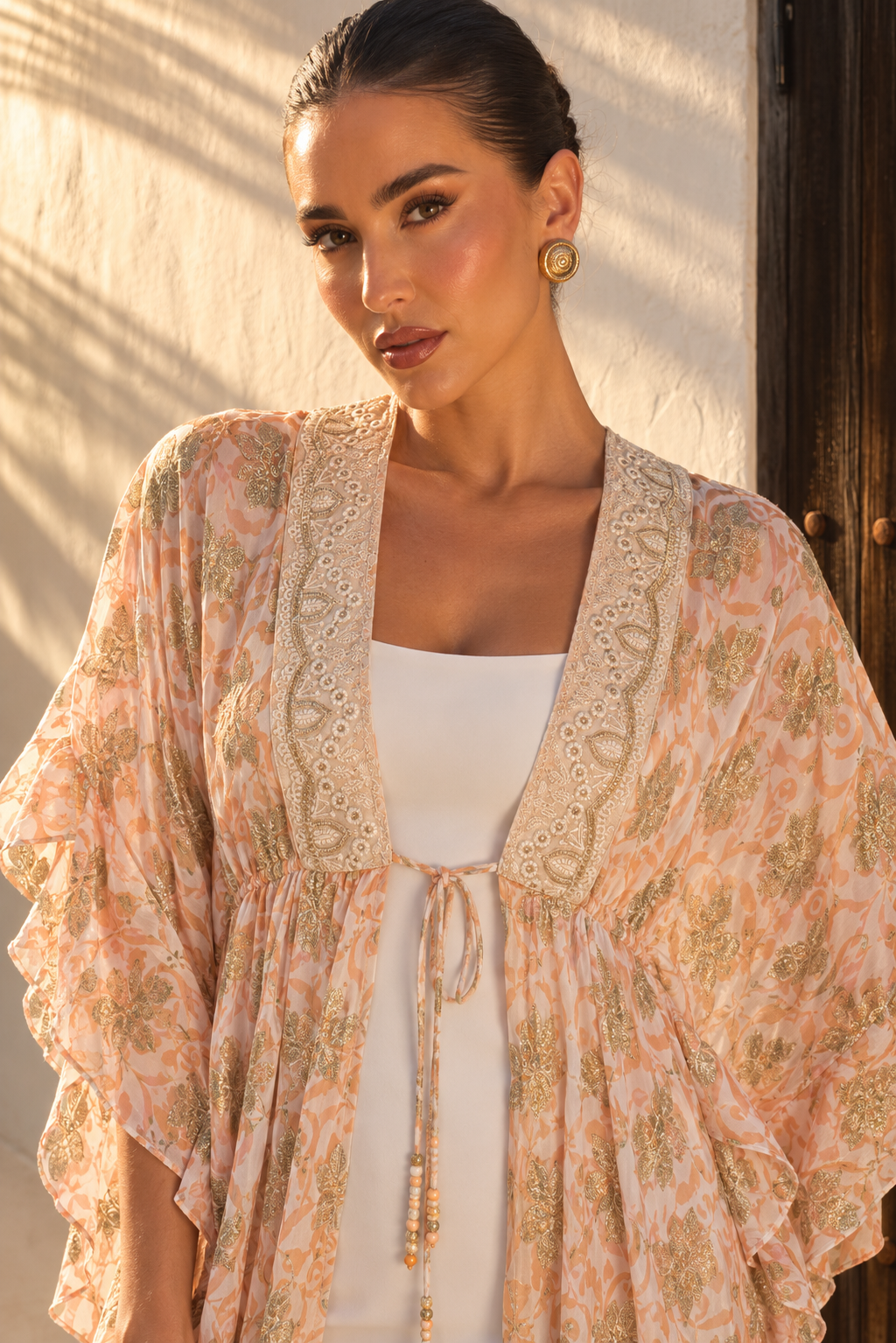 Túnica Boho Asimétrica con Bordado Dorado | Rosado