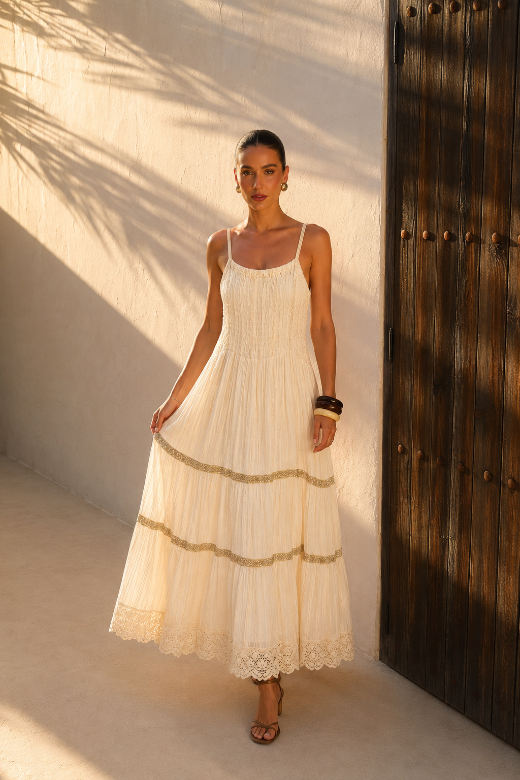 Vestido Largo Ivory Golden Lace