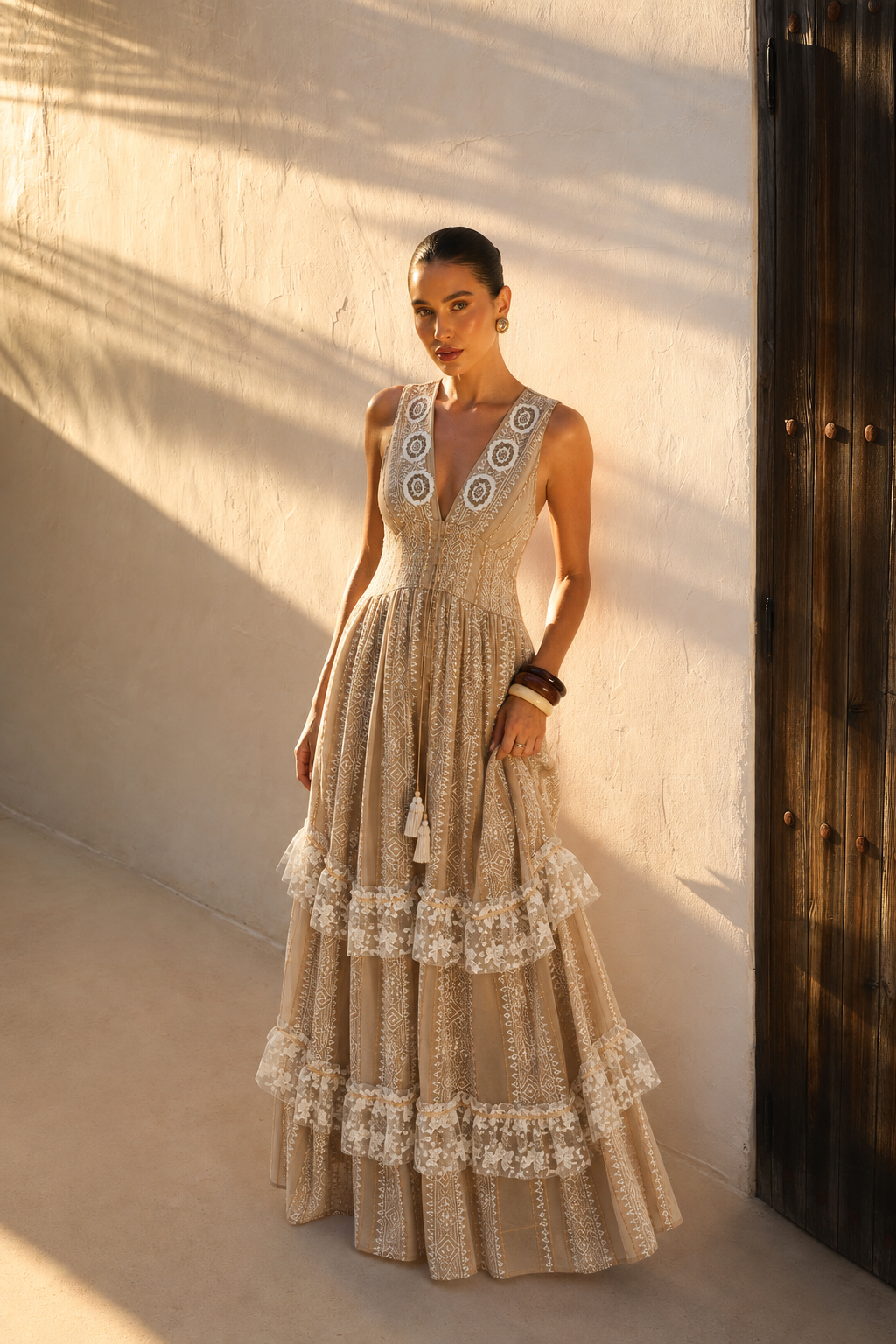 Vestido Largo Sand Embroidered Lace