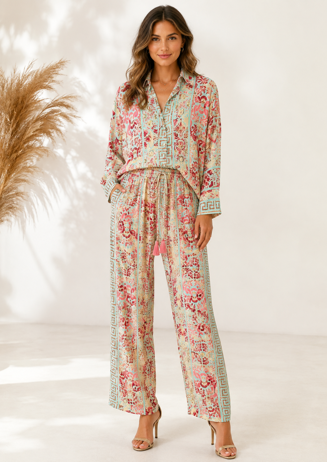Conjunto Boho Chic Camisero con Estampado Floral | Verde