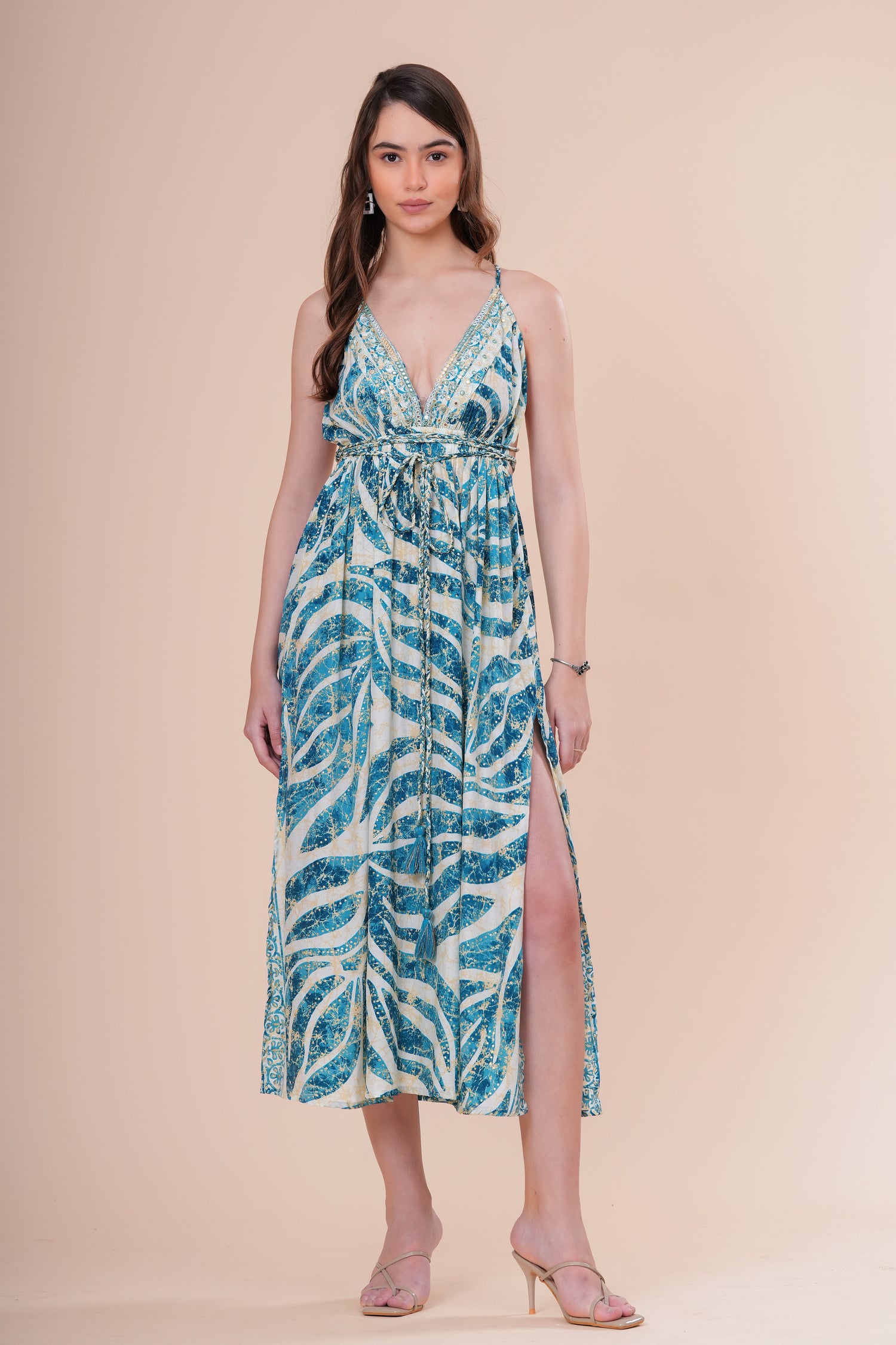 Vestido Midi de Tirantes con Escote V Profundo Estampado Botánico