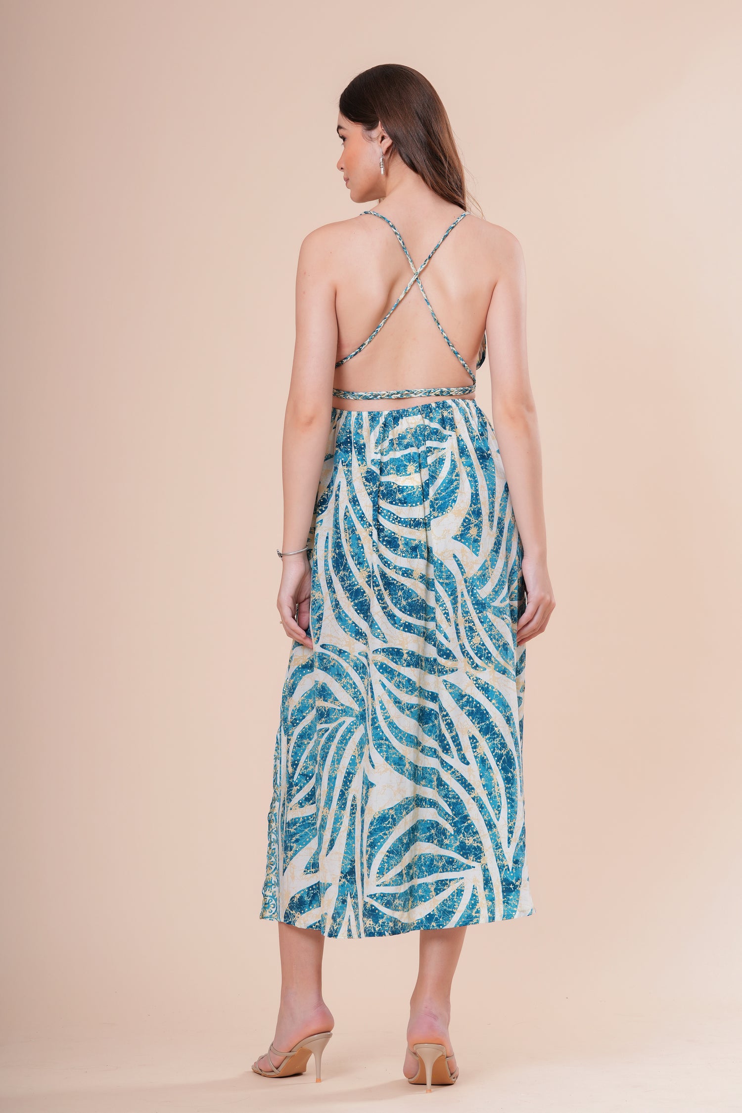 Vestido Midi de Tirantes con Escote V Profundo Estampado Botánico
