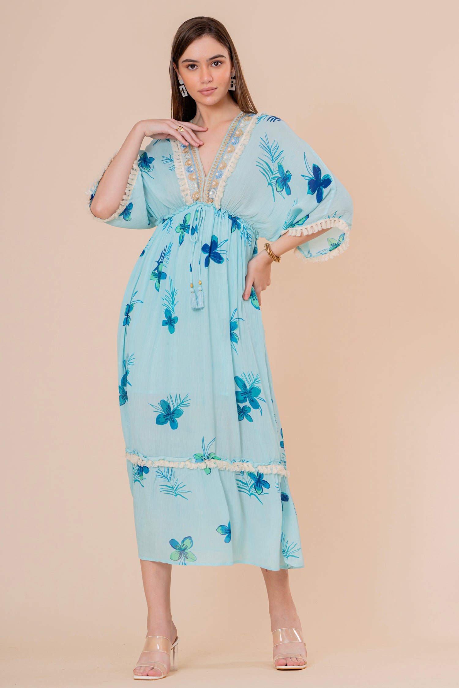 Vestido Maxi Corte Imperio Estampado Floral Azul