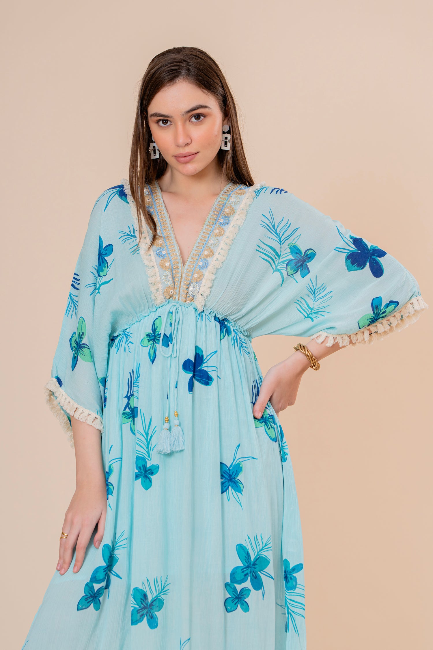 Vestido Maxi Corte Imperio Estampado Floral Azul