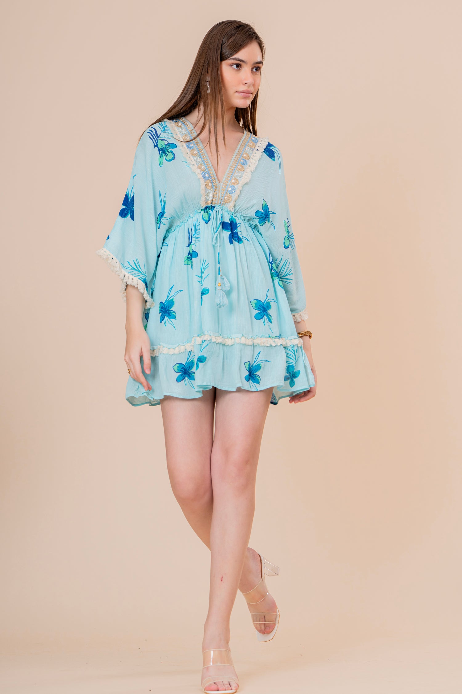 Minivestido Corte Imperio Estampado Floral Azul