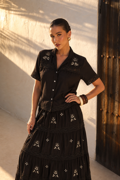 Conjunto Boho Bordado de Blusa y Falda Larga | negro