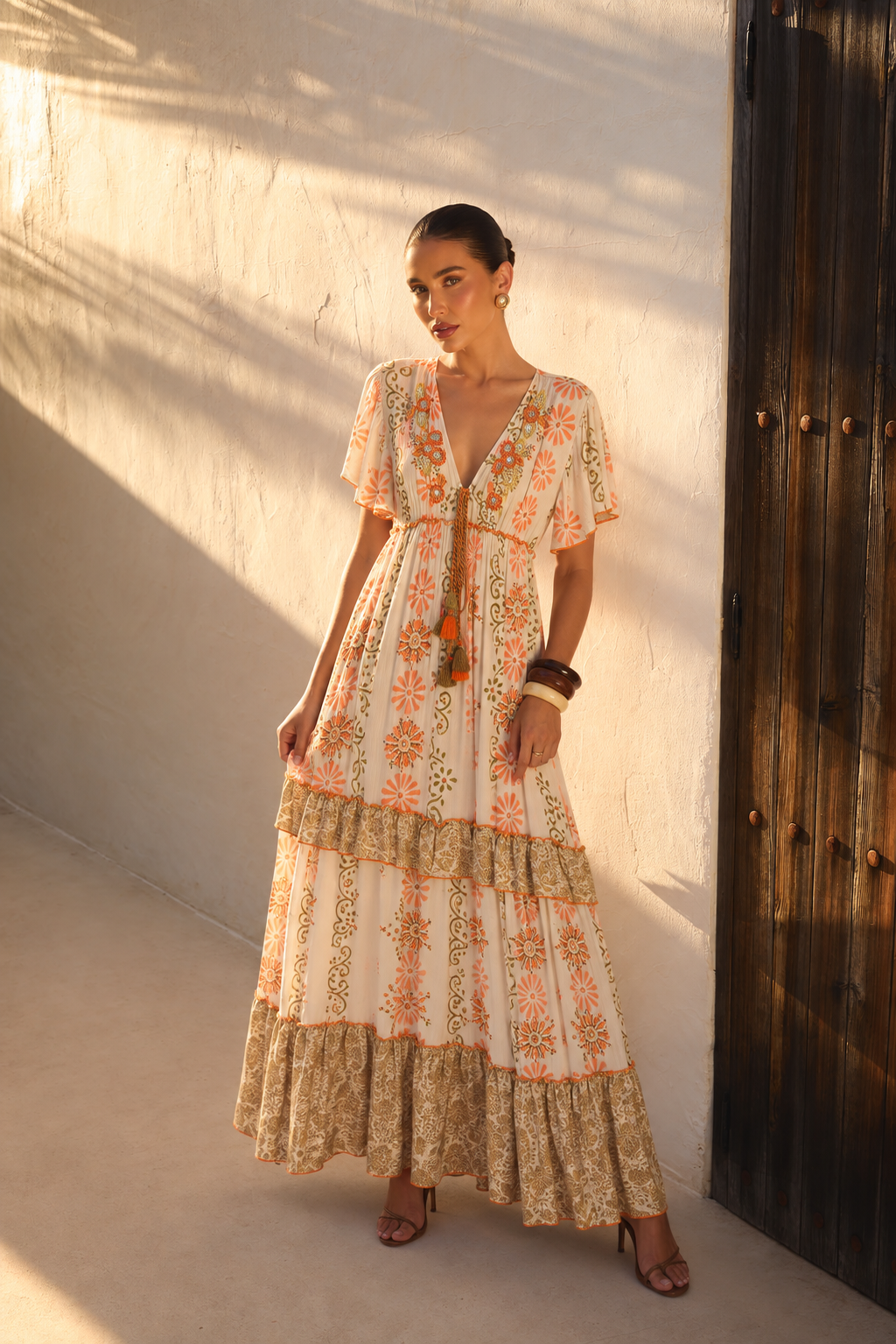 Vestido Maxi Boho Bordado con Espejos | naranja-intenso