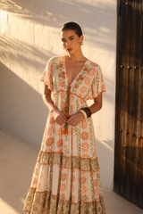 Vestido Maxi Boho Bordado con Espejos | naranja-intenso