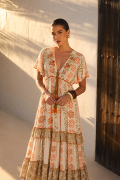 Vestido Maxi Boho Bordado con Espejos | naranja-intenso