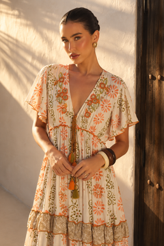 Vestido Maxi Boho Bordado con Espejos | naranja-intenso