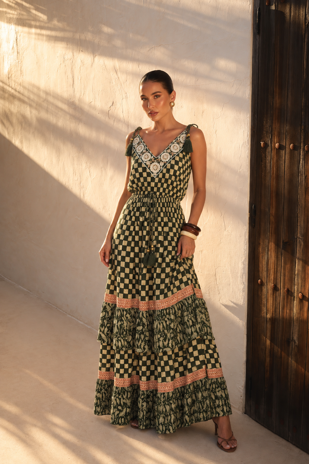 Vestido largo ajedrez floral | verde-olivo