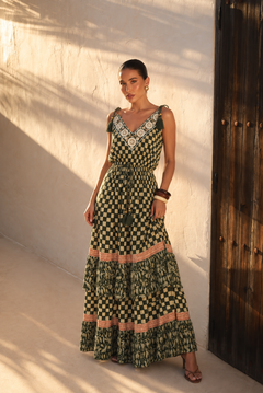Vestido largo ajedrez floral | verde-olivo