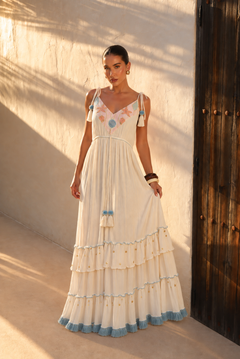 Vestido Maxi Boho con Bordados Marinos y Borlas | azul-cielo-profundo
