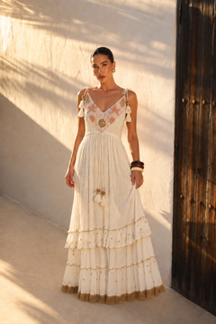 Vestido Maxi Boho con Bordados Marinos y Borlas | beige-durazno