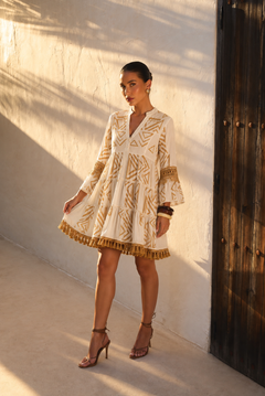 Vestido Corto Boho Chic Estampado Geométrico con Borlas | blanco