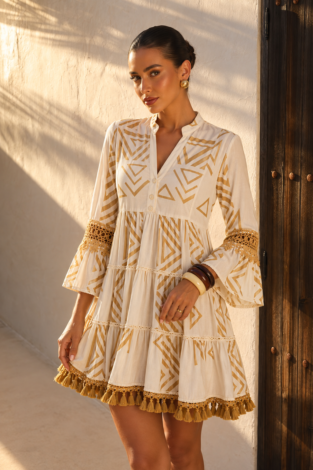 Vestido Corto Boho Chic Estampado Geométrico con Borlas | blanco