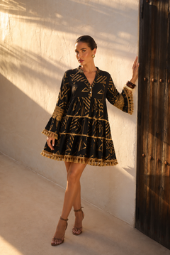 Vestido Corto Boho Chic Estampado Geométrico con Borlas | negro