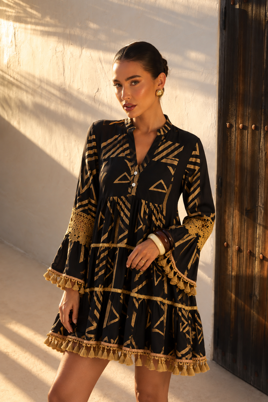 Vestido Corto Boho Chic Estampado Geométrico con Borlas | negro