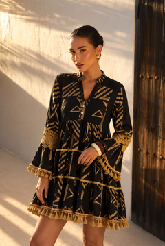 Vestido Corto Boho Chic Estampado Geométrico con Borlas | negro