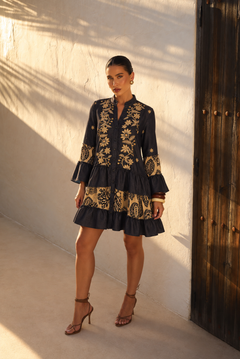 Vestido Midi Boho Bordado con Flores Doradas | azul marino