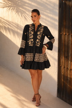 Vestido Midi Boho Bordado con Flores Doradas | negro