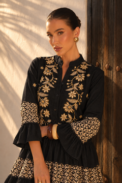 Vestido Midi Boho Bordado con Flores Doradas | negro