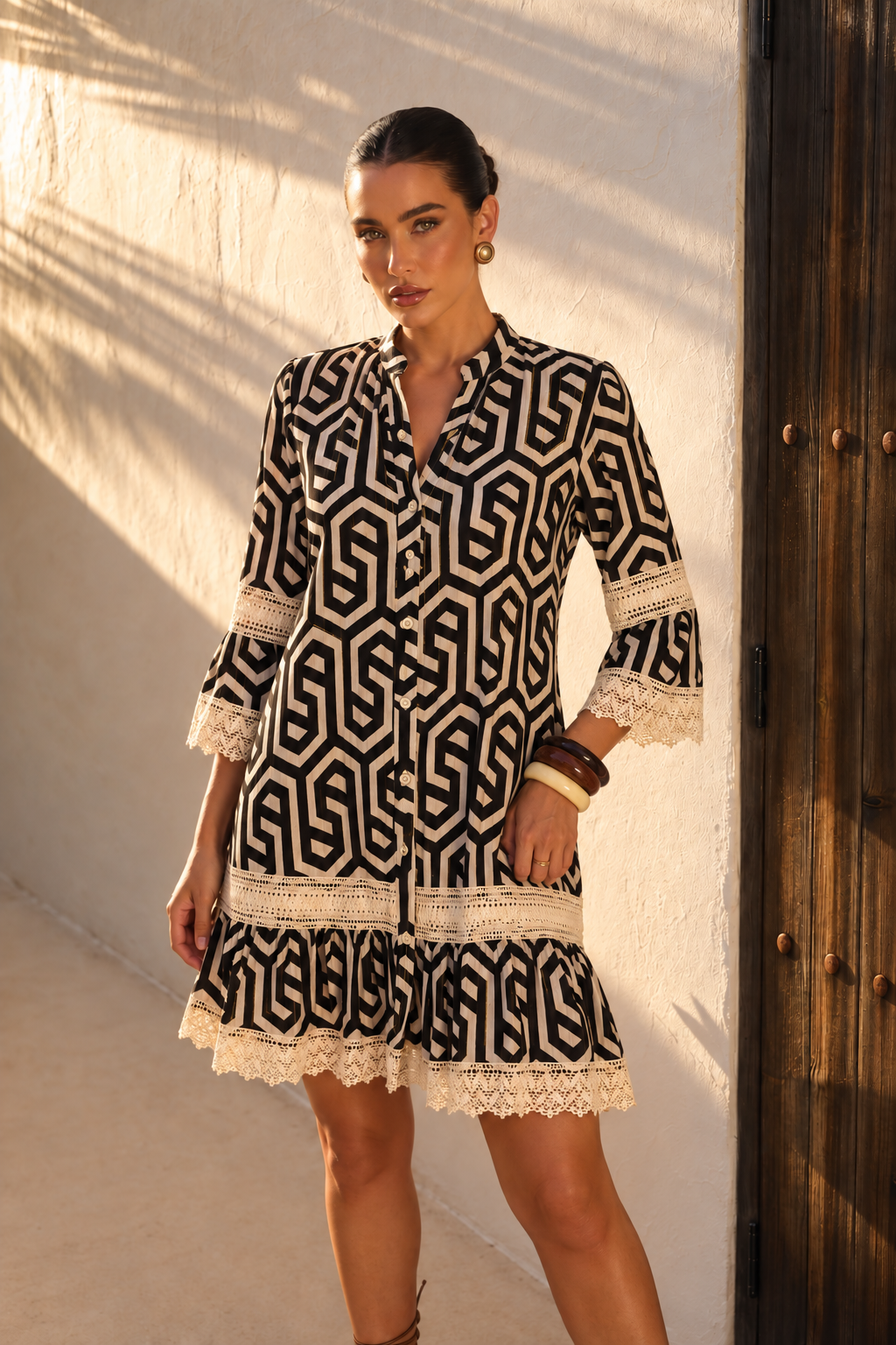 Vestido Camisero Boho Geométrico con Encaje