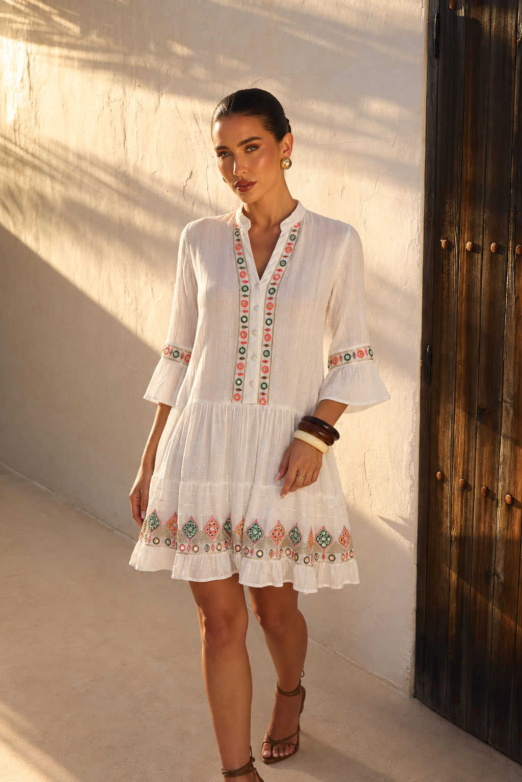 Vestido Boho Fluido con Bordados y Espejos | rosa medio