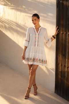 Vestido Boho Fluido con Bordados y Espejos | rosa medio