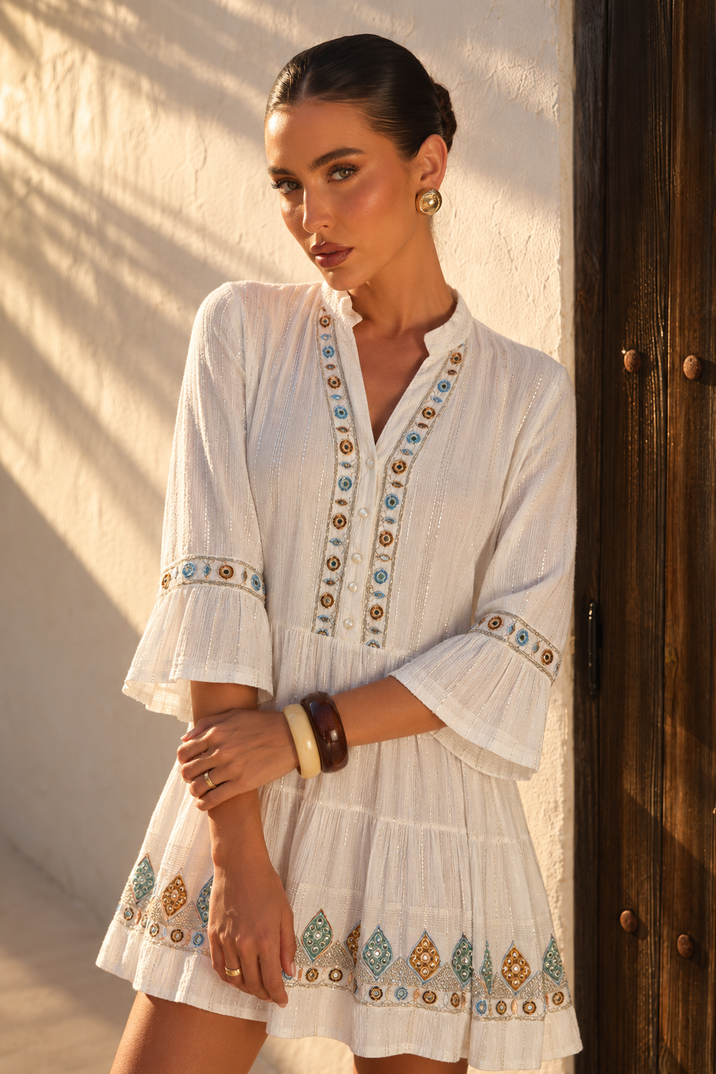 Vestido Boho Fluido con Bordados y Espejos | celeste claro
