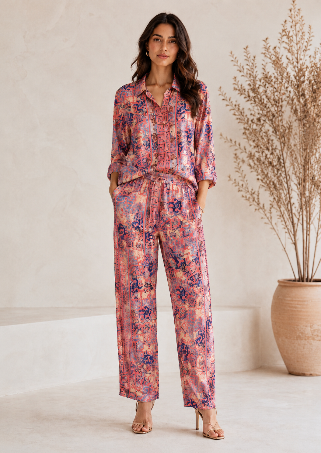 Conjunto Boho Chic Camisero con Estampado Floral | Fucsia